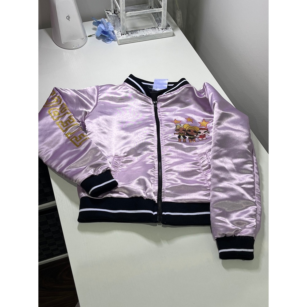 LOL Surprise Girls Lavender Satin Varsity Bomber Jacket Purple‎ Size S 6/6X